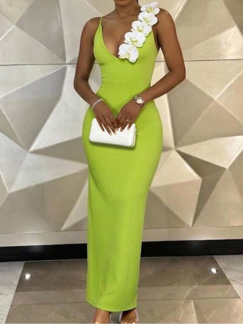 Lime Green Orchid Appliqué Bodycon Maxi Dress